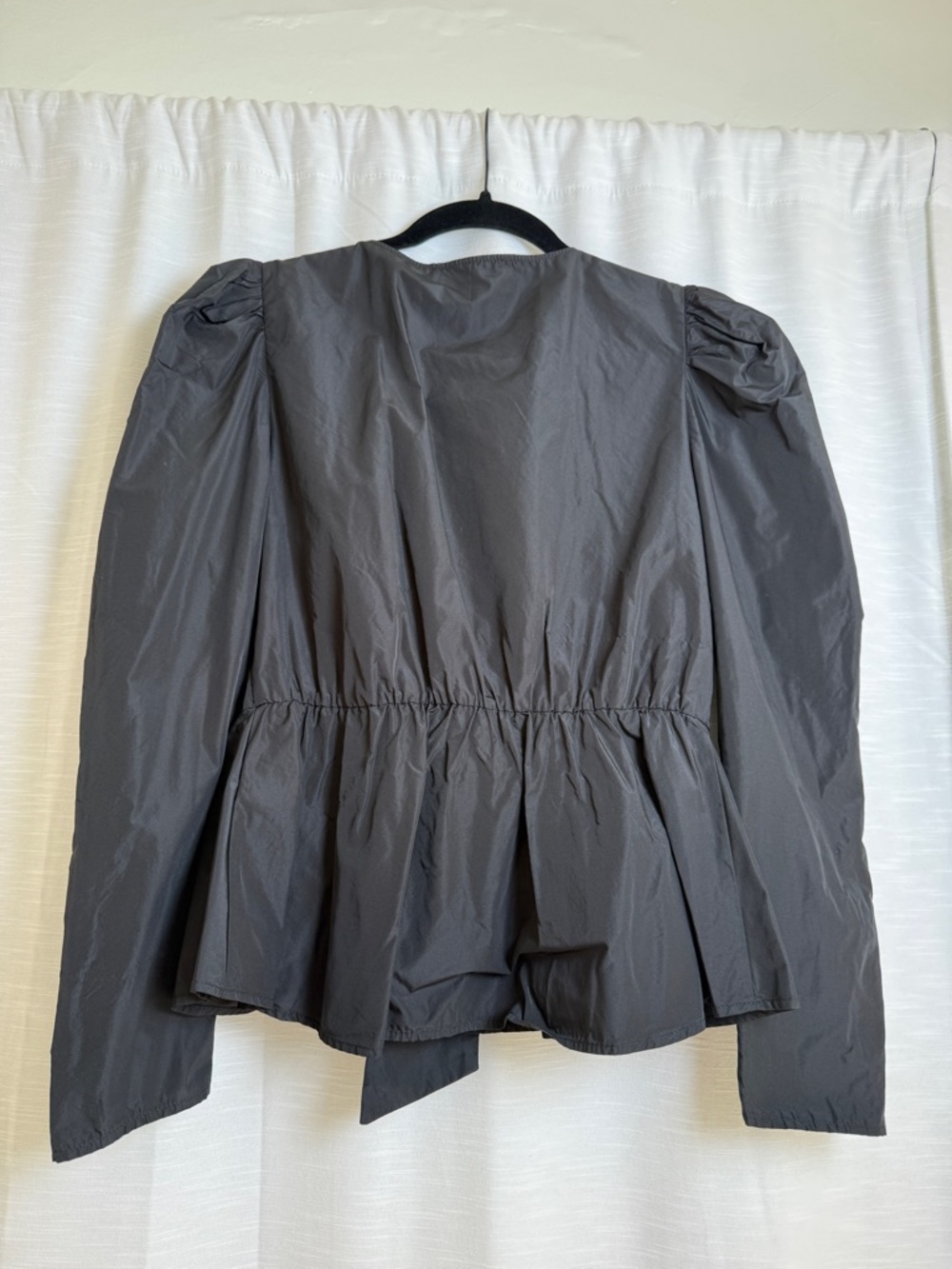 Zara Black Structured Bow Peplum Top Puff Sleeve Deep V Blouse Dressy | Size S - Picture 9 of 11